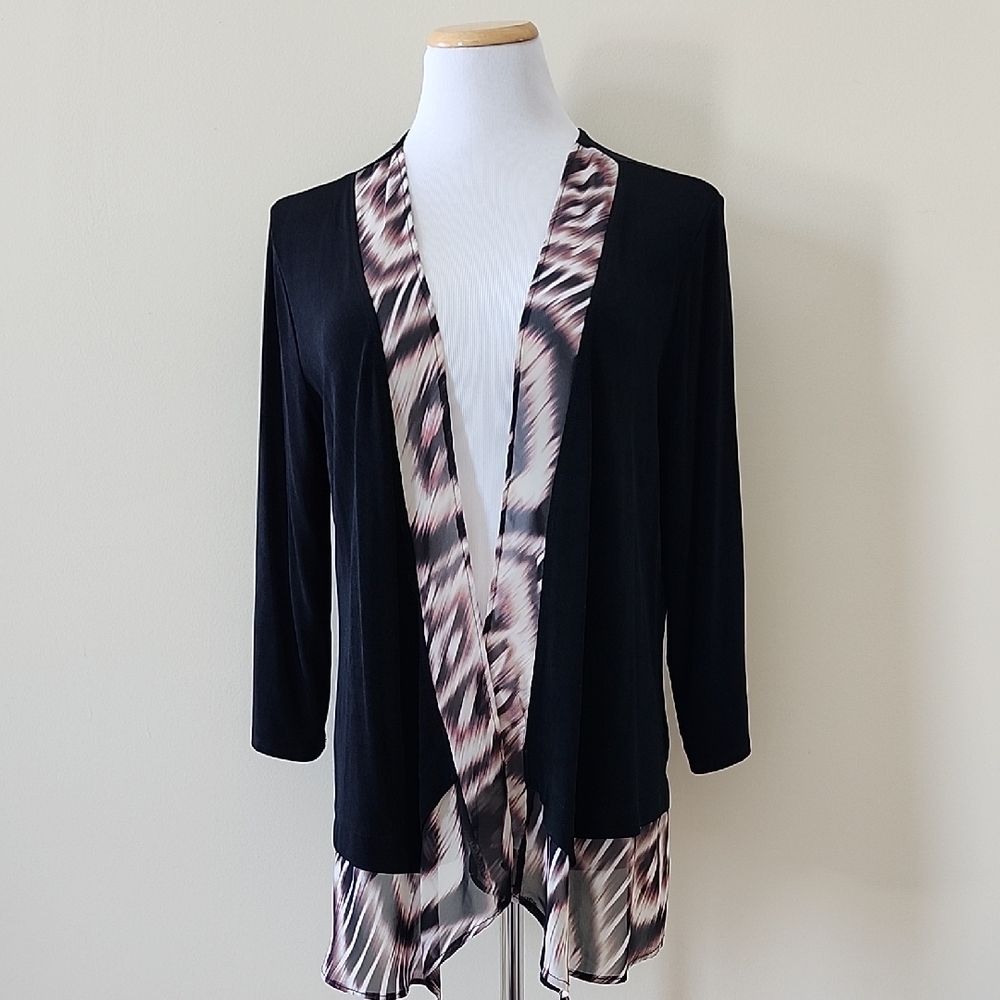 Chico's Travelers Black Cardigan Kimono with Patterned Trim - Large